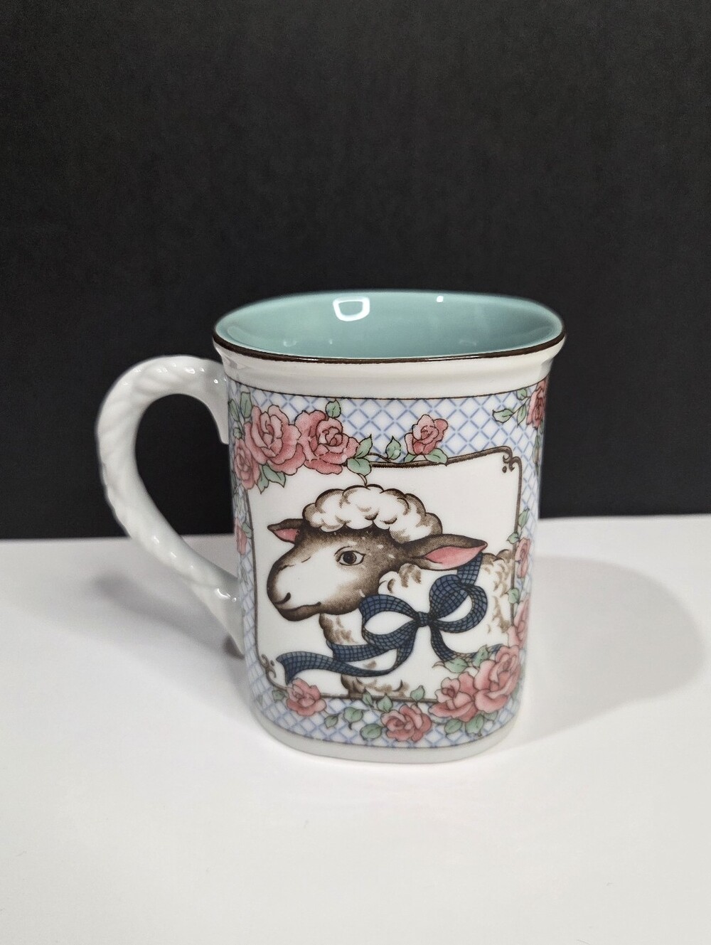 Takahashi Vintage Sheep Rose Mug Cottagecore Turquoise Glaze Farmhouse Chic